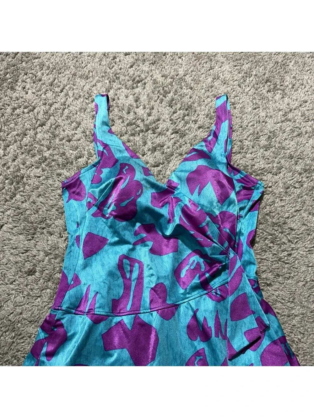 VTG Maxine of Hollywood Women Swim Dress One Piece Blue Purple Floral Size 8